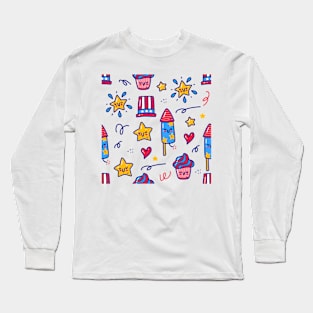 Doodle  4th of July Pattern, cute with hand drawn style Long Sleeve T-Shirt